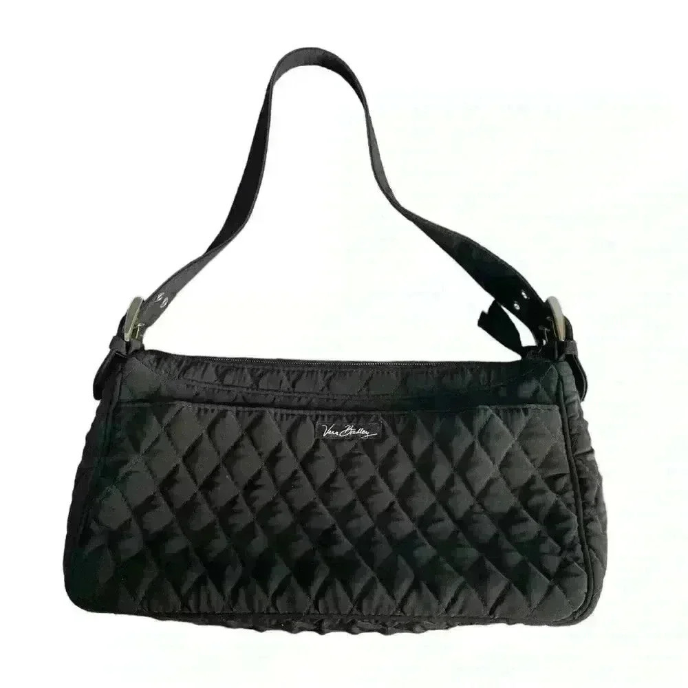 Vera Bradley Vintage Black Shoulder Bag with Unique Wide Buckle Strap EUC